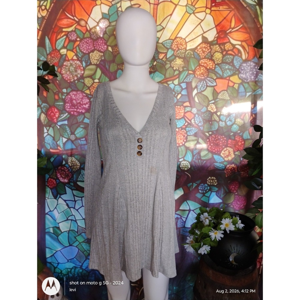 rue21 Womens Gray Ribbed V-Neck Button Front Long Sleeve Sweater Dress Small